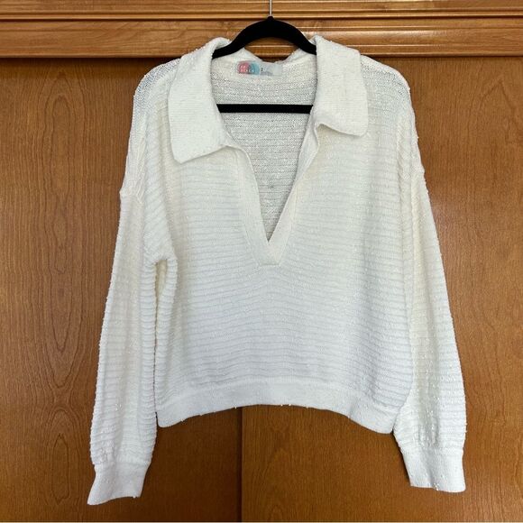 Free People Beach Carter Polo Collared Sweater White Size Medium Rugby - Picture 1 of 7